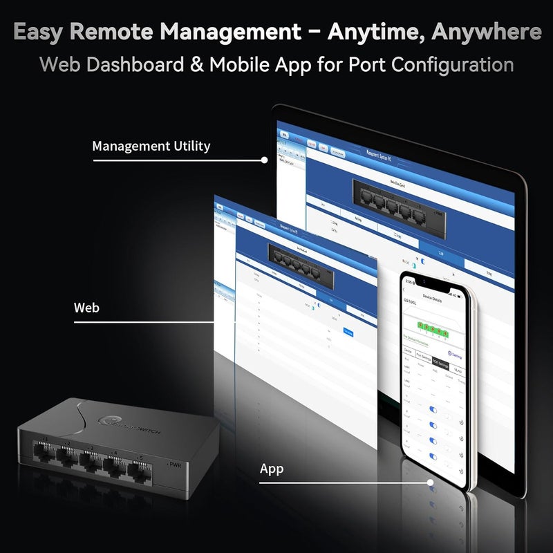 Goalake 5 Port Easy Smart Managed Ethernet Switch Gigabit Switch, Network Hub, Ethernet Splitter, Plug & Play, VLAN, Qos, Desktop or Wall Mount - Image 3